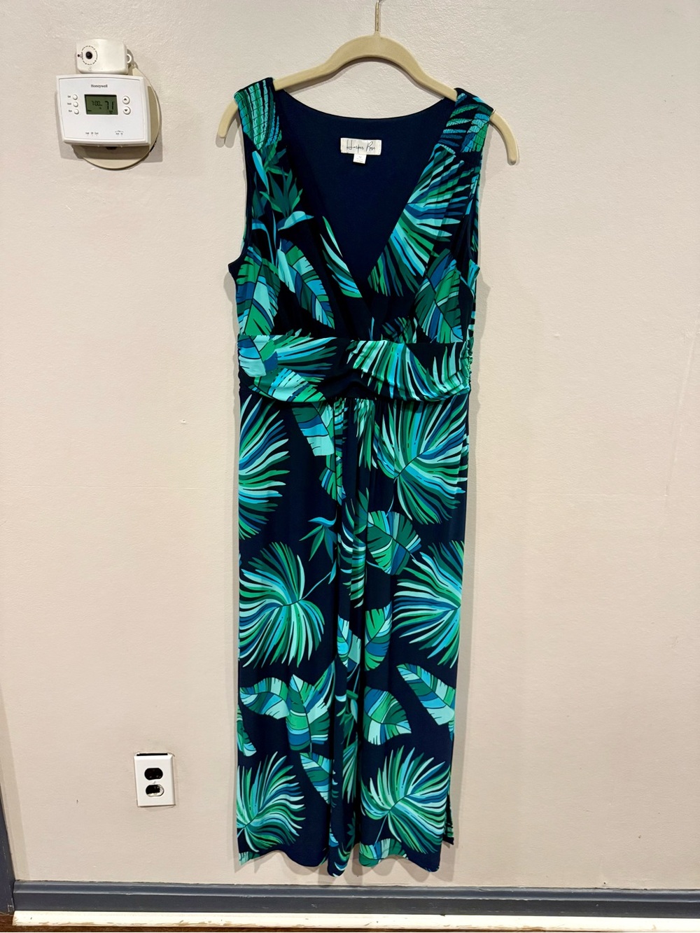 V-Neck Tropical Print Maxi Dress - Navy & Teal